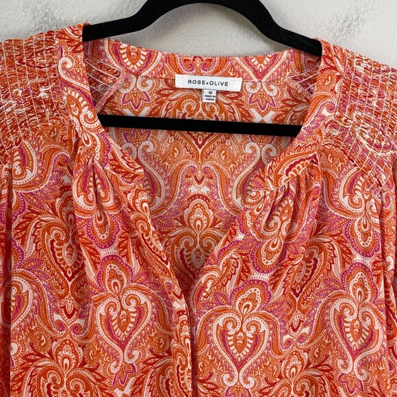 Rose + Olive Womens Plus 1X Paisley Blouse Top Short Flutter Sleeve Shirt - Picture 7 of 10
